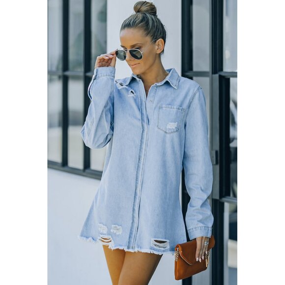 Distressed Snap Down Denim Jacket - Picture 1 of 16